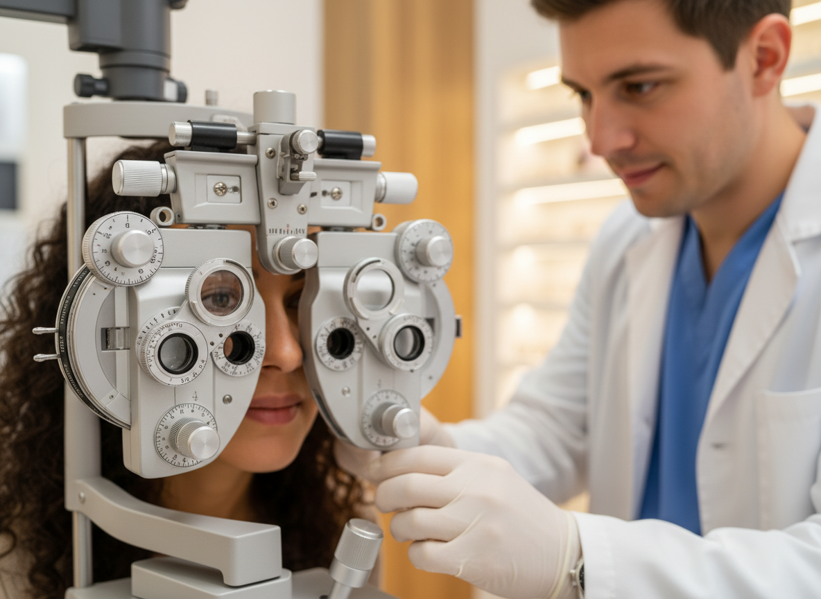 Optometrist performing eye exam with modern equipment